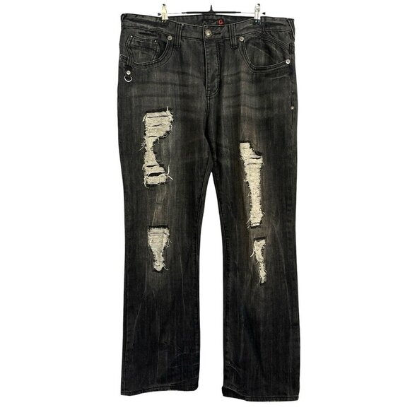 Guess Jeans Rolland Low Bootcut 38 Black Distressed Button Fly 90s Y2K Hip Hop - Picture 1 of 16